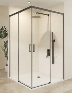 Mampara angular dos fijas y dos correderas black gun metal modelo Stylo de SBX Mamparas Imex