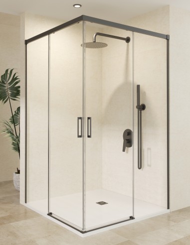 Mampara angular dos fijas y dos correderas black gun metal modelo Stylo de SBX Mamparas Imex