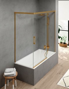 Mampara bañera transparente - decorado oro 1 fija y 1 frontal + lateral fijo Yaiza