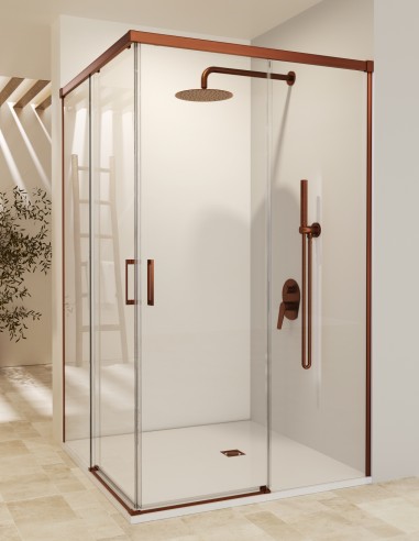 Mampara angular dos fijas y dos correderas oro rosa cepillado modelo Stylo de SBX Mamparas Imex