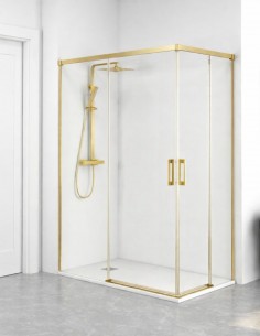 Mampara para plato ducha angular - 2 fijas y 2 correderas Yaiza oro cepillado