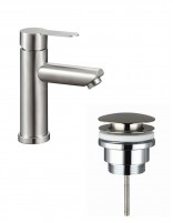 Pack Grifo lavabo bajo - acero + Válvula click-clack de GME