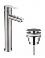 Pack Grifo lavabo alto - acero + Válvula click-clack de GME