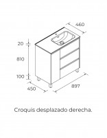 Mueble baño 3 cajones y puerta a la izquierda, lavabo desplazado a derecha