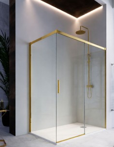 Mampara de ducha oro cepillado 1 hoja fija y 1 puerta corredera + lateral fijo - CAUCE de Bathplus