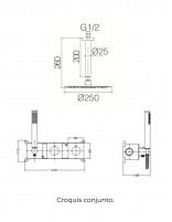 Conjunto ducha oro u oro rosa empotrada techo termostática croquis