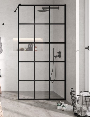 Mampara fija ducha negra modelo FRESH de cuadros de Kassandra