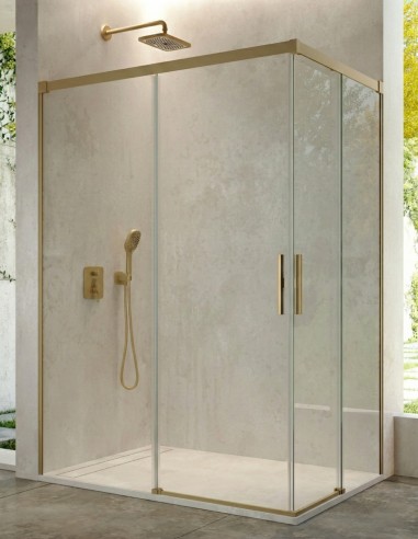 Mampara de ducha oro cepillado angular 2 hojas correderas + 2 hojas fijas - CAUCE de Bathplus