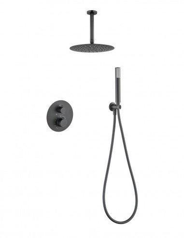 Conjunto ducha empotrado monomando termostático - a techo black gun metal PALAU de IMEX