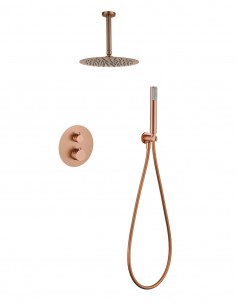 Conjunto ducha empotrado monomando termostático - a techo oro rosa cepillado PALAU de IMEX