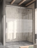 Mampara Kassandra LUNA modelo frontal de 1 fijo y 1 corredera decorado clio