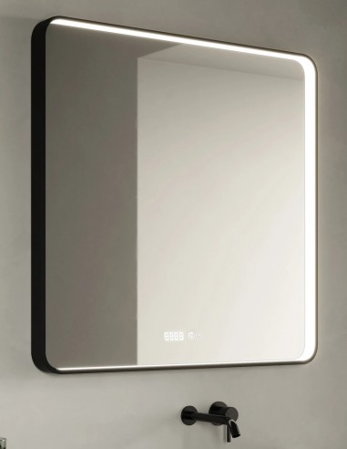 Espejo rectangular con marco LED, antivaho y reloj modelo TANGO de Manillons Torrent