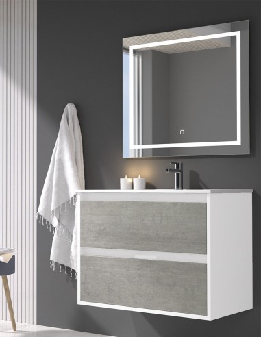 Mueble con lavabo y espejo blanco brillo y cemento