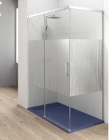 Mampara frontal fija + puerta corredera + lateral fijo decorada